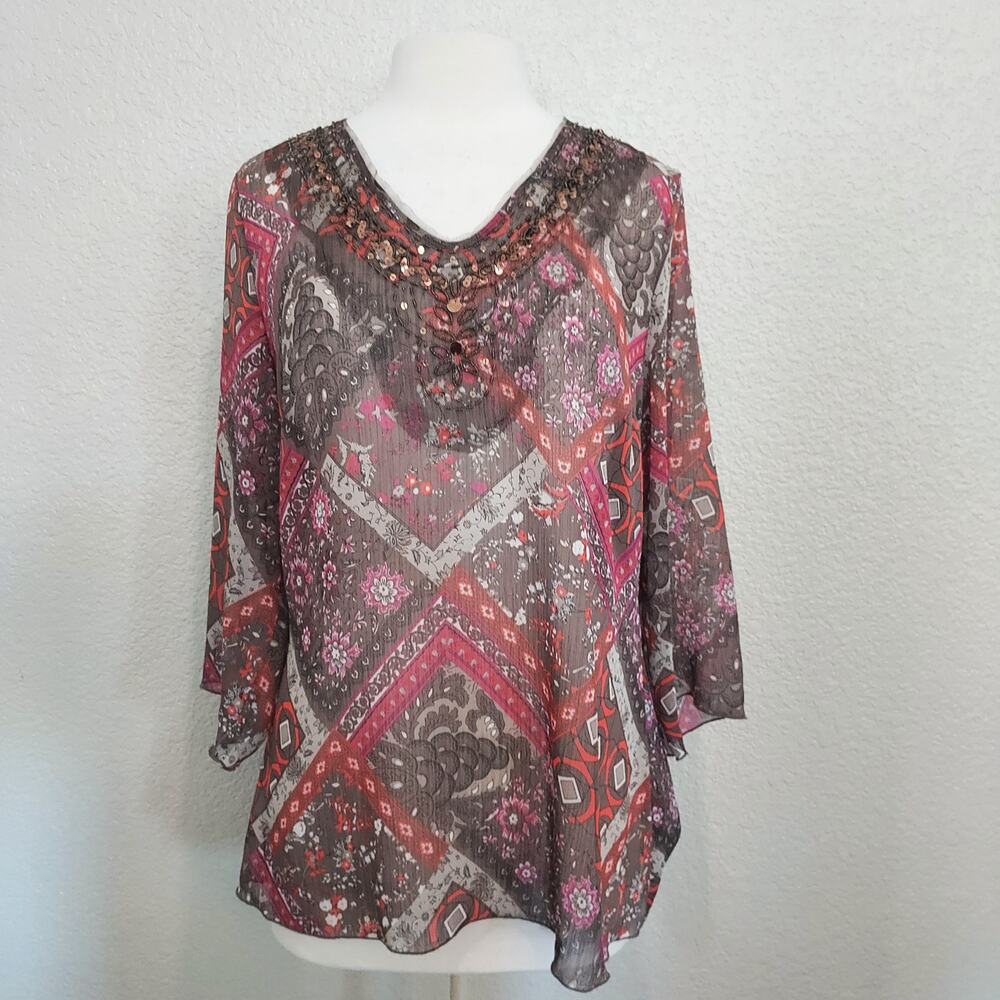 Tribal Sheer Fall Colorful 3/4 Sleeve Beaded Blouse Size 10